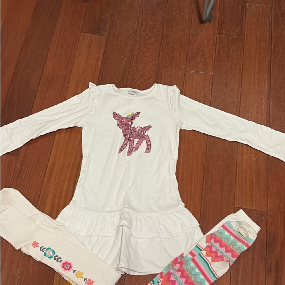 Naartjie White Dress with Pink Deer Design